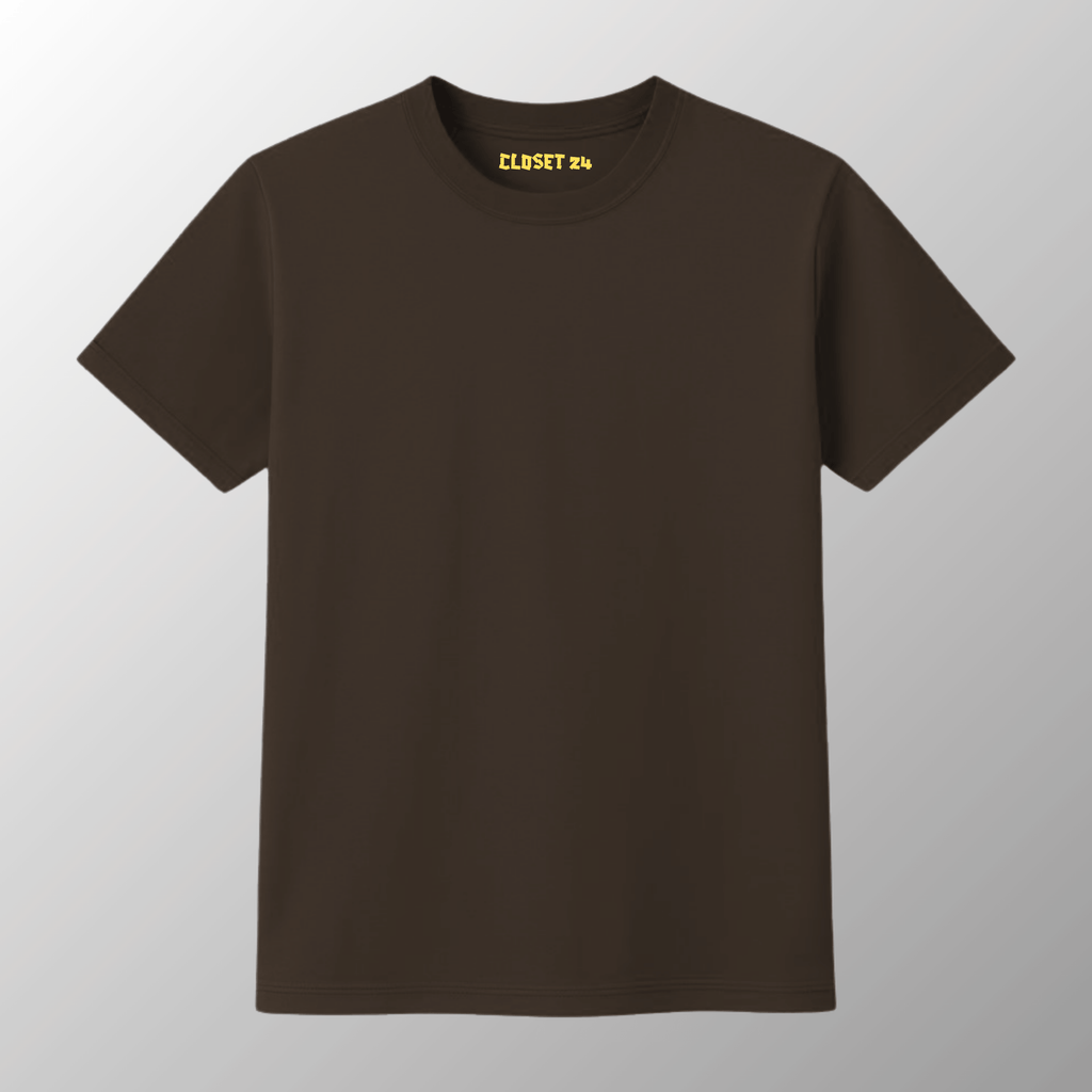 Premium brown cotton t shirt featuring a yellow CLOSET 24 inner neck print.