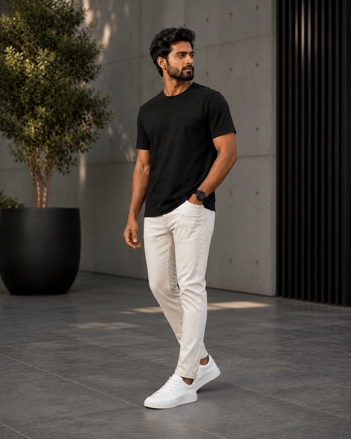 Model wearing a premium black t shirt for men with off-white slim fit jeans and white sneakers outdoors.