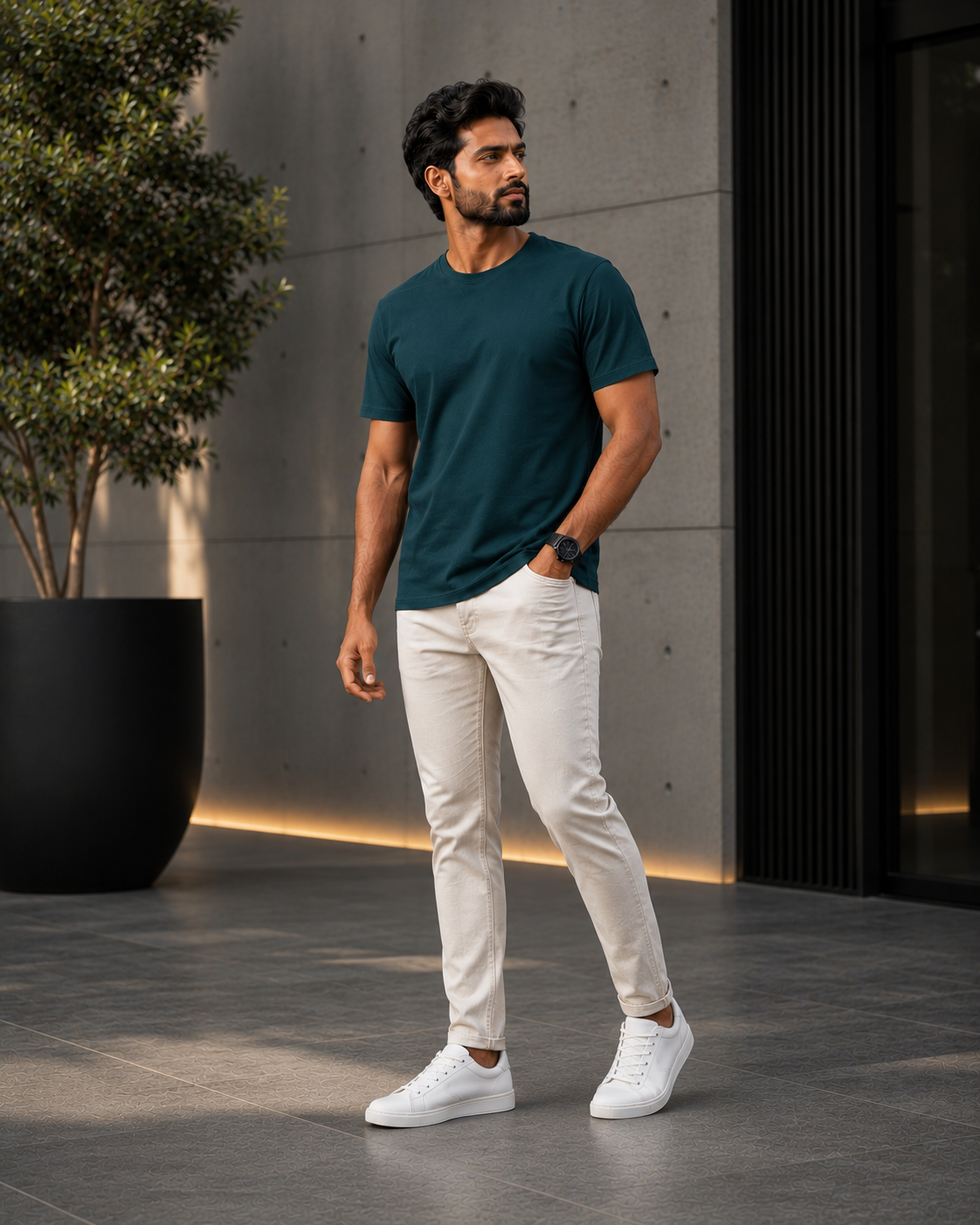 Model wearing a premium teal blue t shirt for men with off-white slim fit jeans and white sneakers in a modern outdoor setting.
