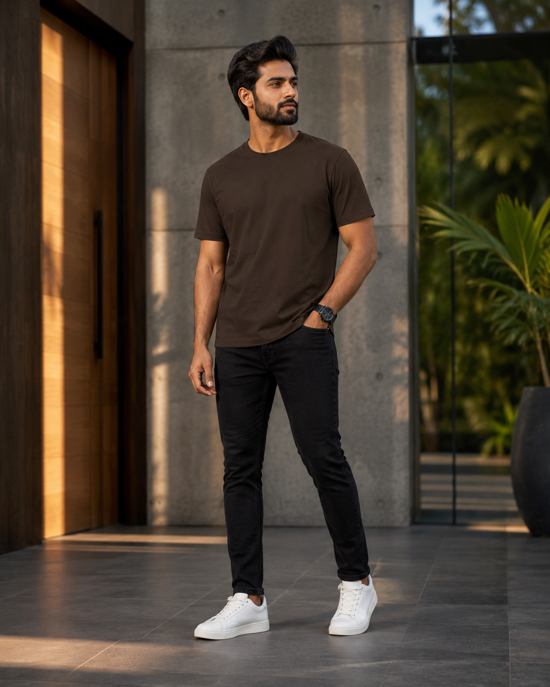 Model wearing a premium brown cotton t shirt with black slim fit jeans and white sneakers outside a modern building.