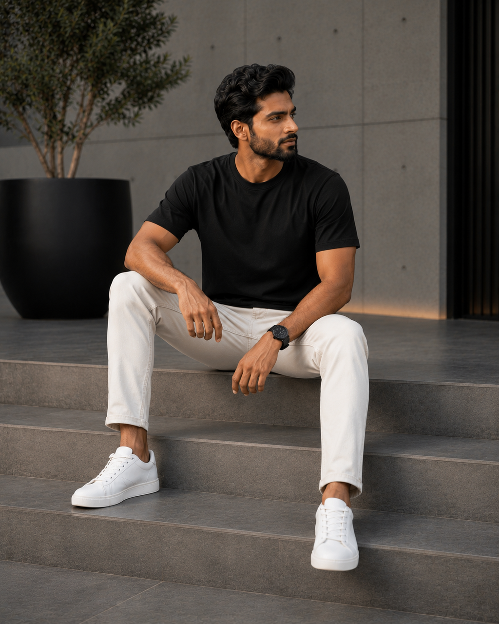 Model wearing a black t shirt for men with off-white jeans and white sneakers while sitting on outdoor steps.