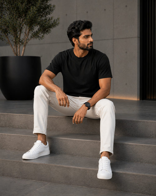 Model wearing a black t shirt for men with off-white jeans and white sneakers while sitting on outdoor steps.