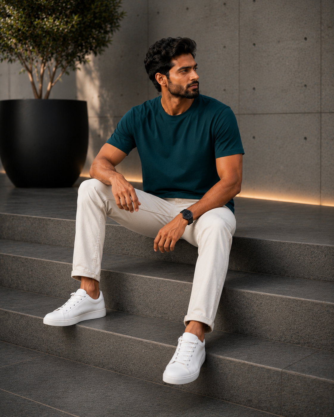 Model sitting on concrete steps wearing a premium teal blue t shirt for men with off-white jeans and white sneakers.