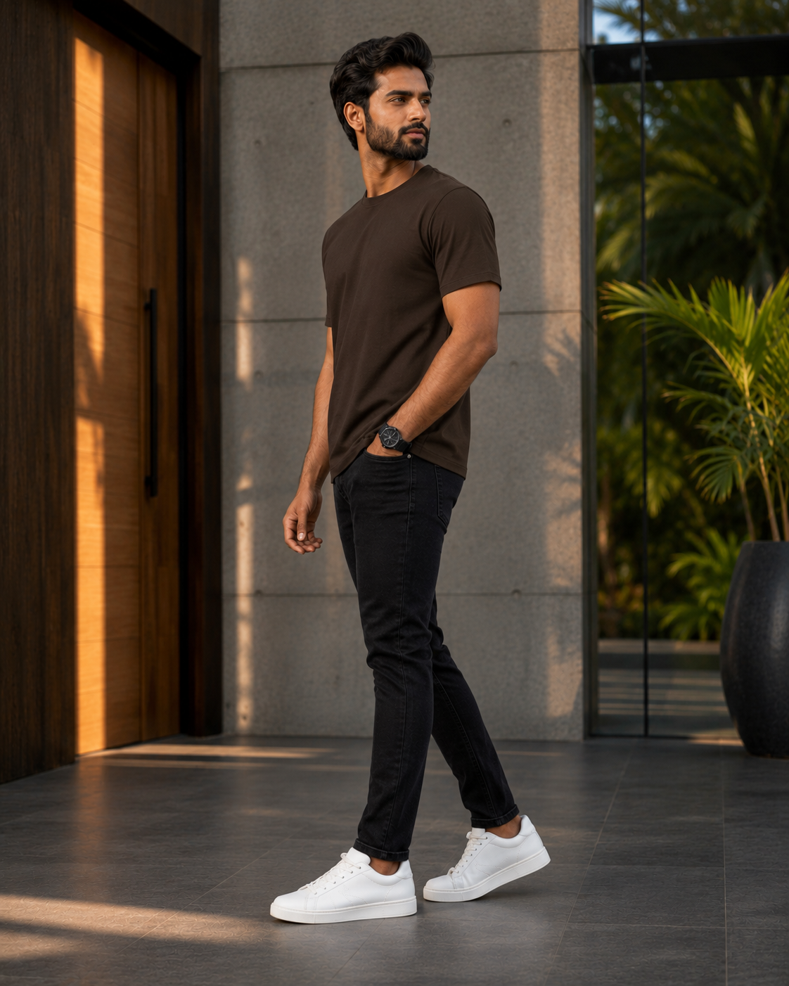 Man wearing a brown cotton t shirt paired with black slim fit jeans and white sneakers on a contemporary outdoor patio.