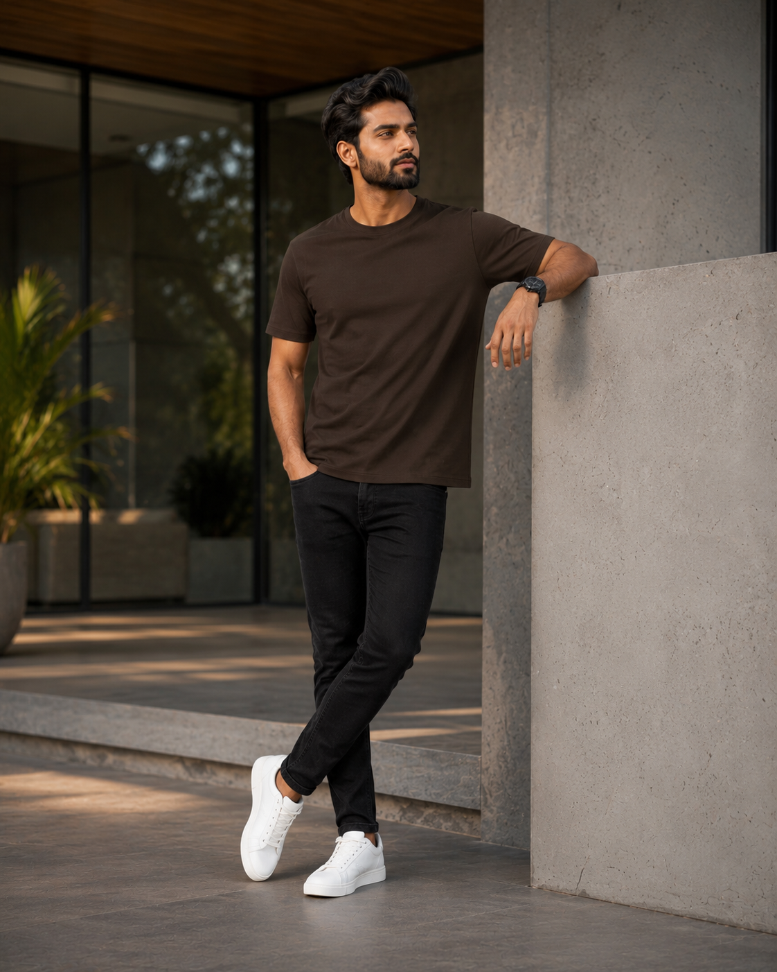 Model styling a premium brown cotton t shirt with black slim fit jeans while leaning against a modern concrete pillar.