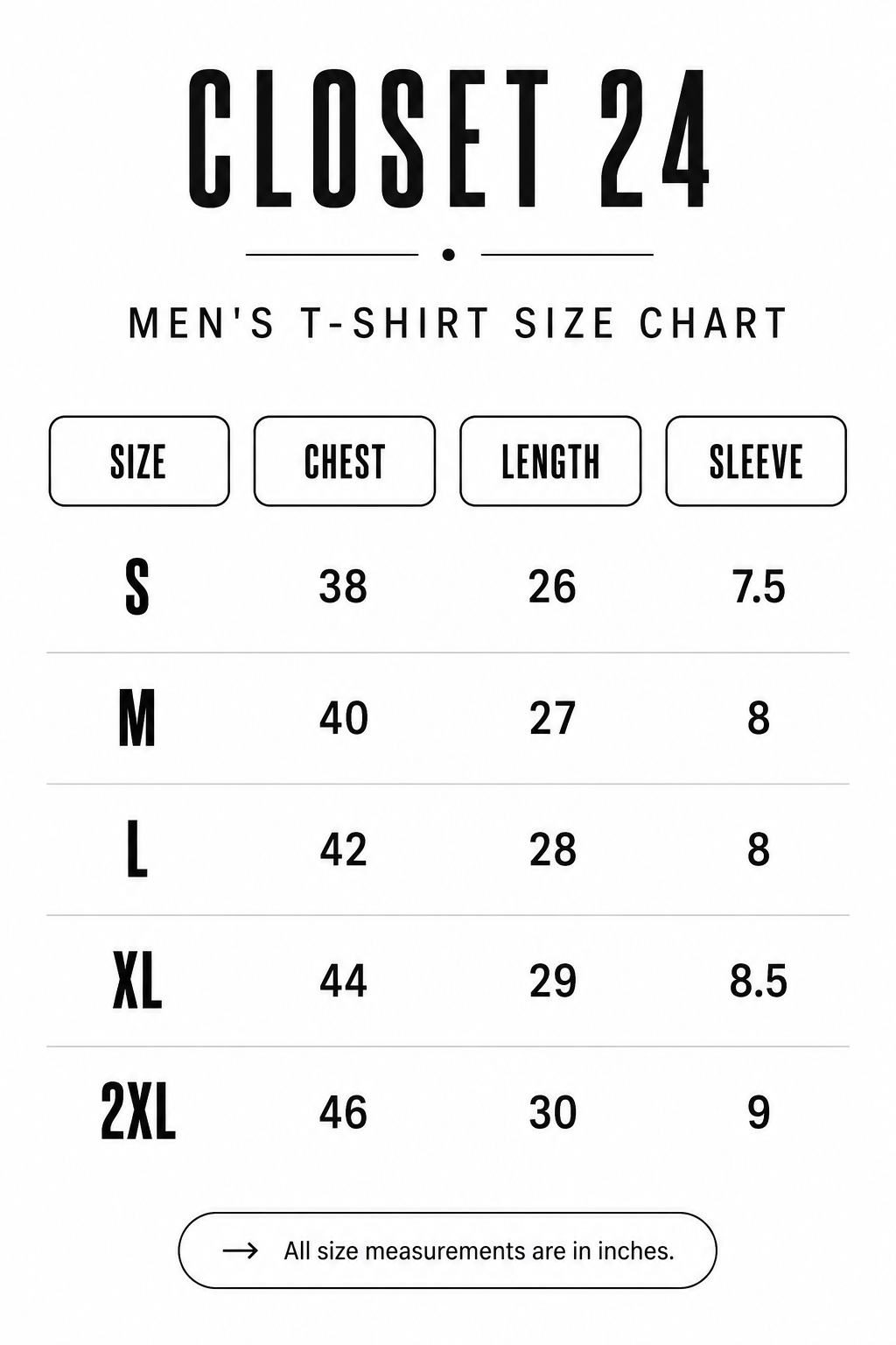 Closet 24 Men's T Shirt size chart