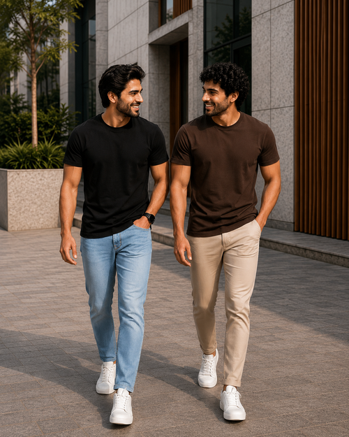Two men walking together in a modern urban setting wearing plain crew neck T-shirts for men one in black with light blue jeans and the other in dark brown with beige chinos paired with white sneakers for a smart casual look.