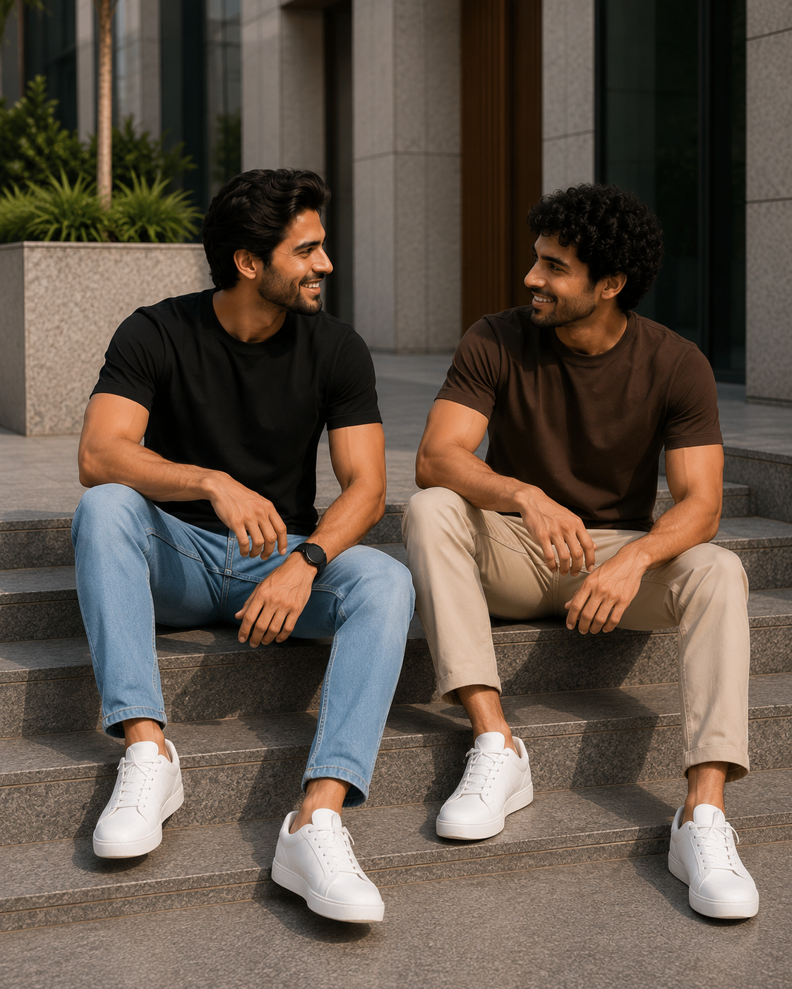 Two men sitting on outdoor steps wearing plain crew neck T-shirts for men one in black with light blue jeans and the other in dark brown with beige chinos paired with white sneakers