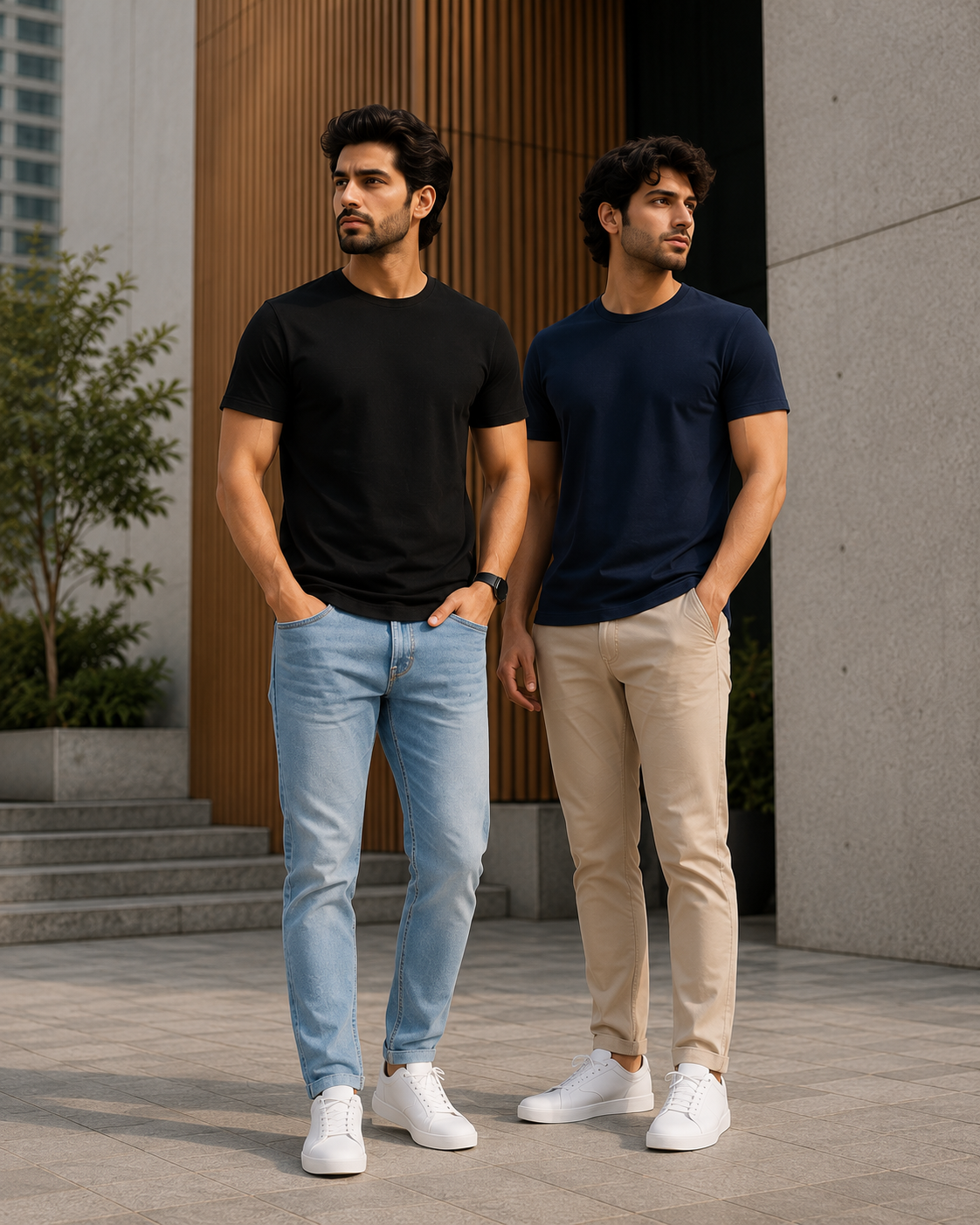 Two men standing in a modern urban setting wearing plain crew neck T-shirts for men one in black with light blue jeans and the other in navy blue with beige chinos paired with white sneakers for a clean casual look.
