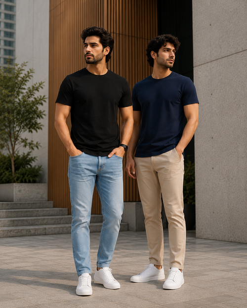 Two men standing in a modern urban setting wearing plain crew neck T-shirts for men one in black with light blue jeans and the other in navy blue with beige chinos paired with white sneakers for a clean casual look.