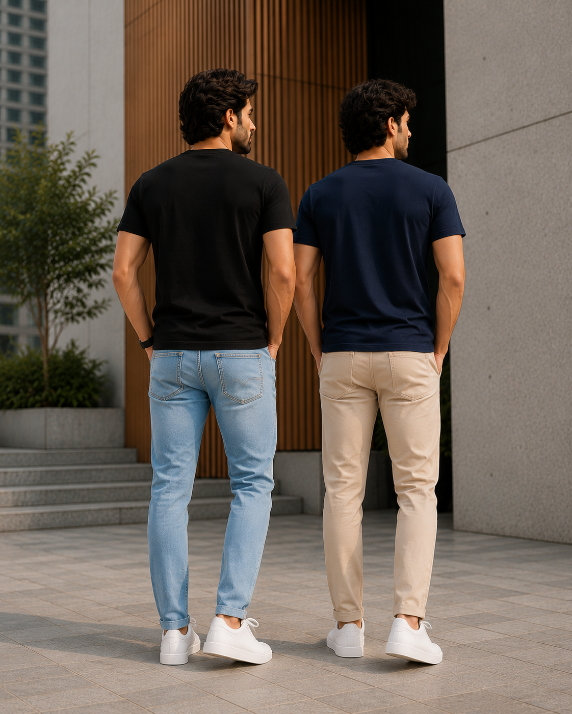 Back view of two men wearing plain crew neck T-shirts for men one in black with light blue jeans and the other in navy blue with beige chinos standing outdoors