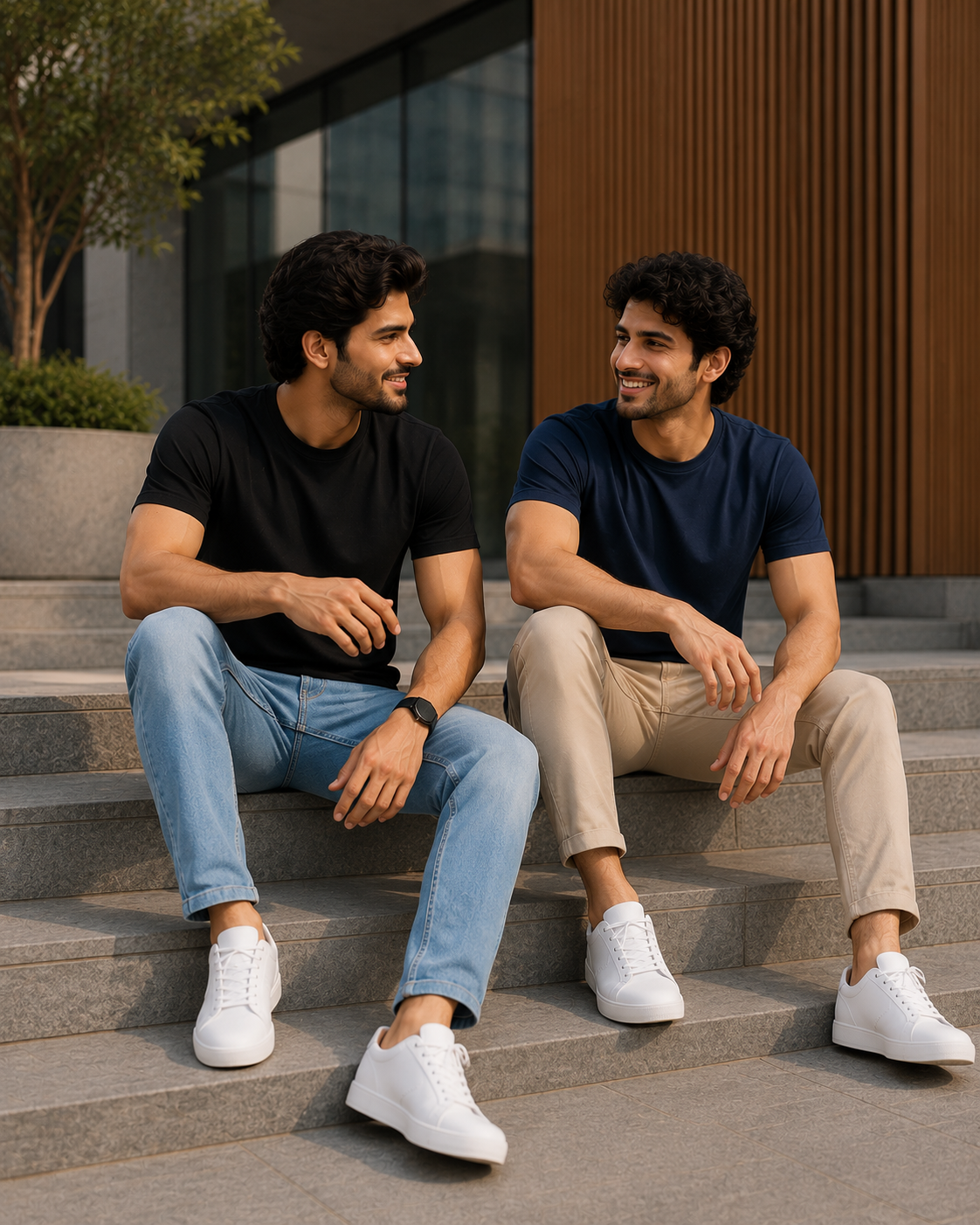 Two men sitting on outdoor steps wearing plain crew neck T-shirts for men, one in black with light blue jeans and the other in navy blue with beige chinos paired with white sneakers.