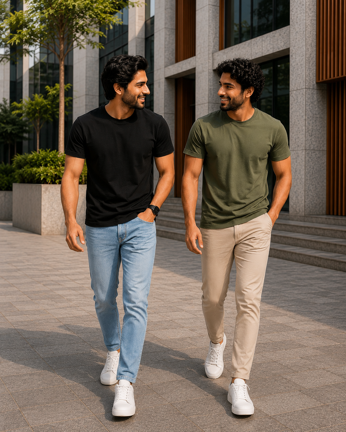 Two men walking outdoors in a modern urban setting wearing plain crew neck T-shirts for men, one in black with light blue jeans and the other in olive green with beige chinos paired with white sneakers for a casual everyday look.