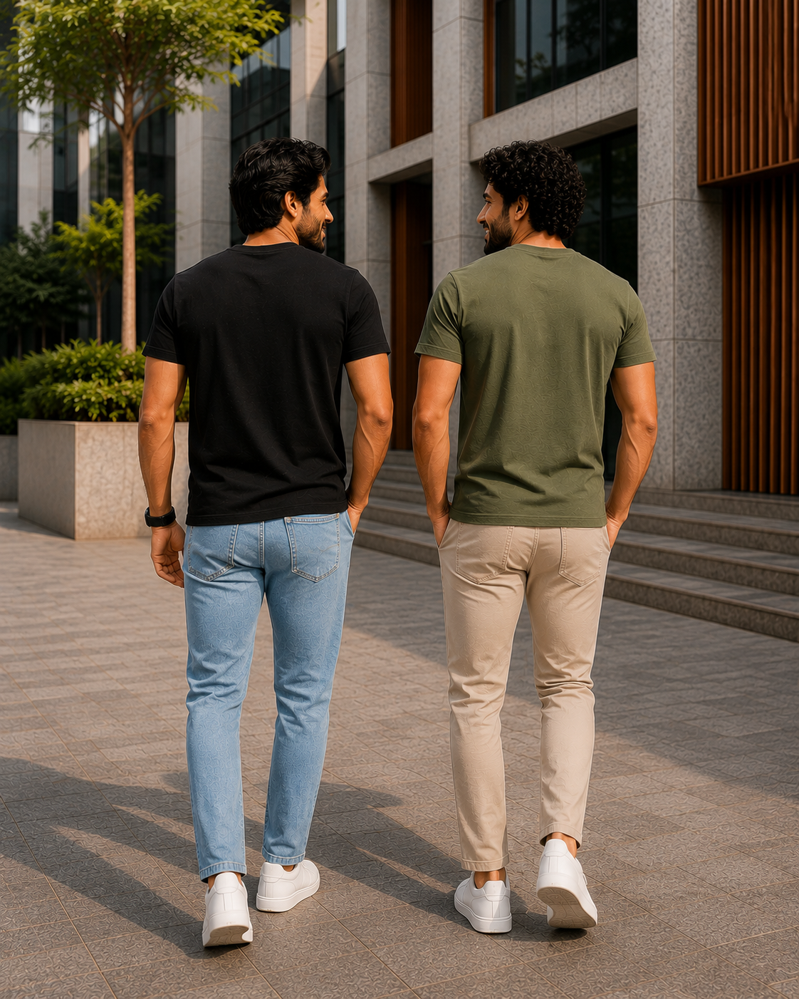 Back view of two men wearing plain crew neck T-shirts for men, one in black with light blue jeans and the other in olive green with beige chinos walking with white sneakers.