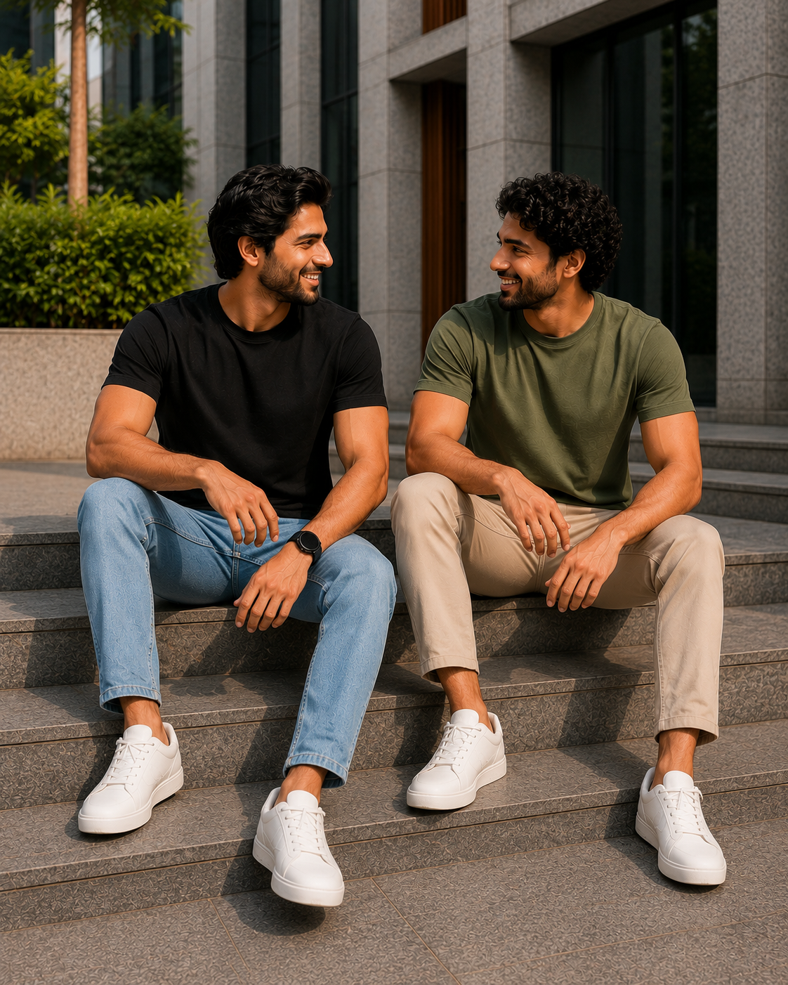 Two men sitting on outdoor steps wearing plain crew neck T-shirts for men, one in black with light blue jeans and the other in olive green with beige chinos paired with white sneakers.