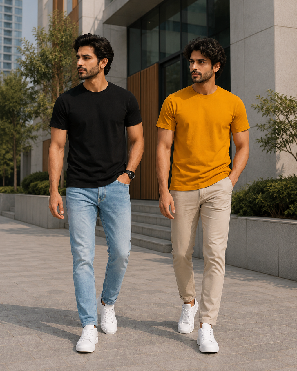 Two men walking outdoors in a modern urban setting wearing plain crew neck T-shirts for men one in black with light blue jeans and the other in orange with beige chinos paired with white sneakers for a casual everyday look.