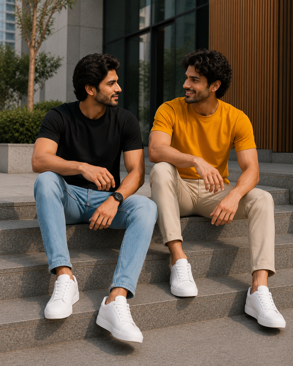 Two men sitting on outdoor steps wearing plain crew neck T-shirts for men one in black with light blue jeans and the other in orange with beige chinos paired with white sneakers