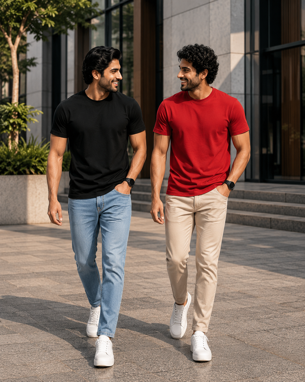 Two men walking outdoors wearing plain crew neck T-shirts for men, one in black with light blue jeans and the other in red tee with beige chinos paired with white sneakers for a casual everyday look.