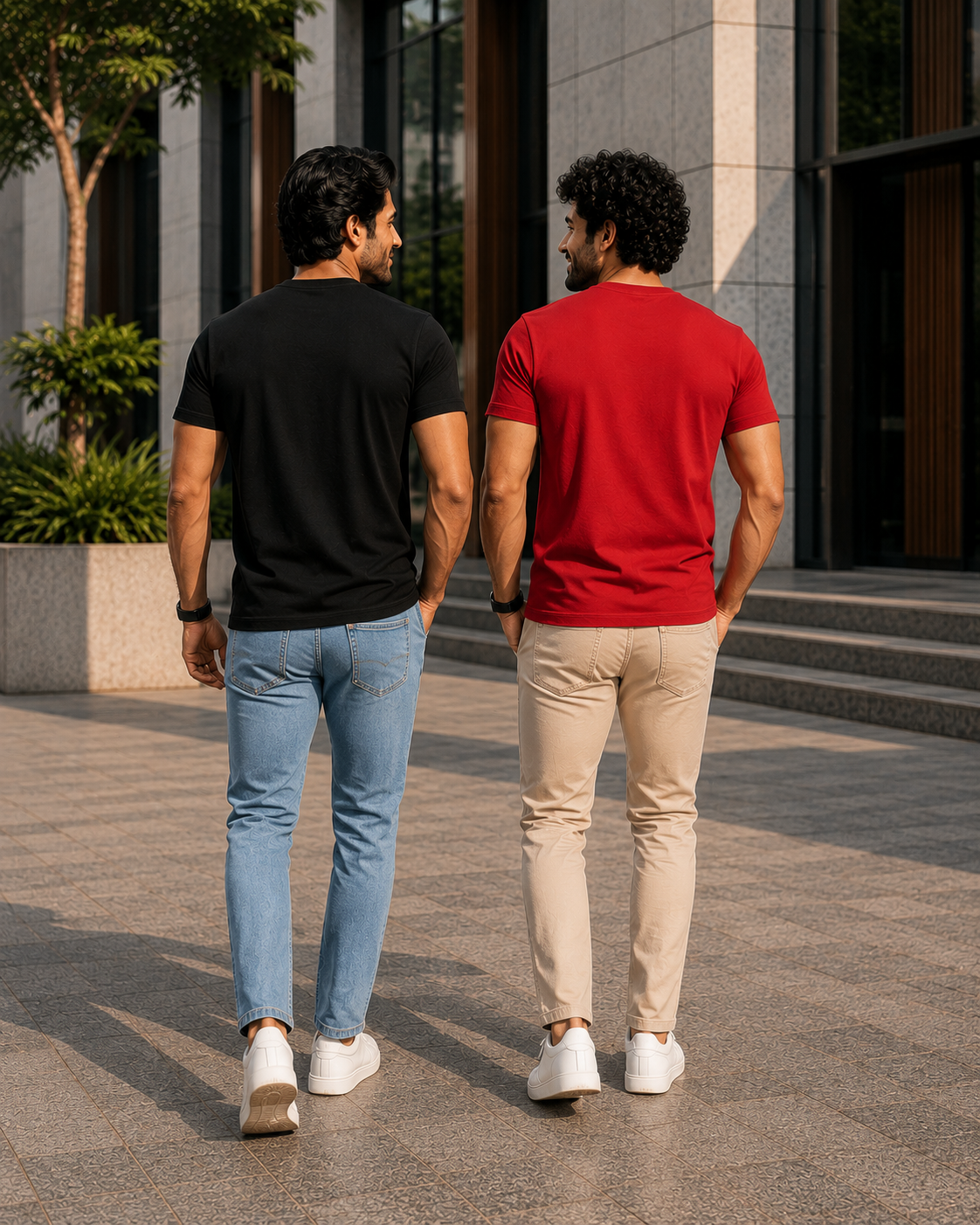 Back view of two men wearing plain crew neck T-shirts for men, one in black with light blue jeans and the other in red with beige chinos walking in a modern urban setting with white sneakers.