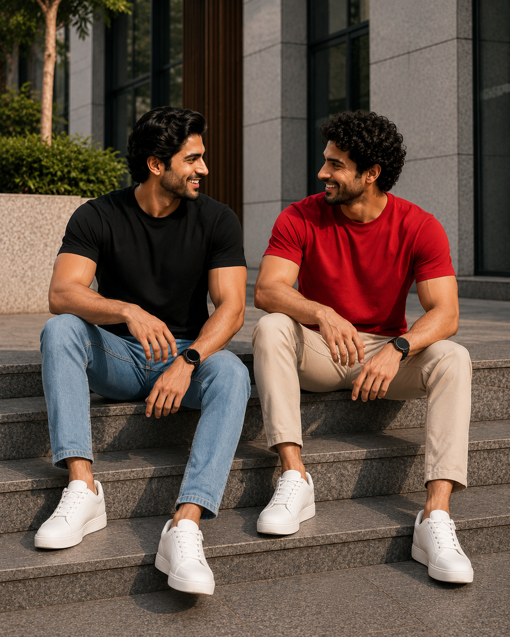 Two men sitting on outdoor steps wearing plain crew neck T-shirts for men, one in black with light blue jeans and the other in red with beige chinos paired with white sneakers.