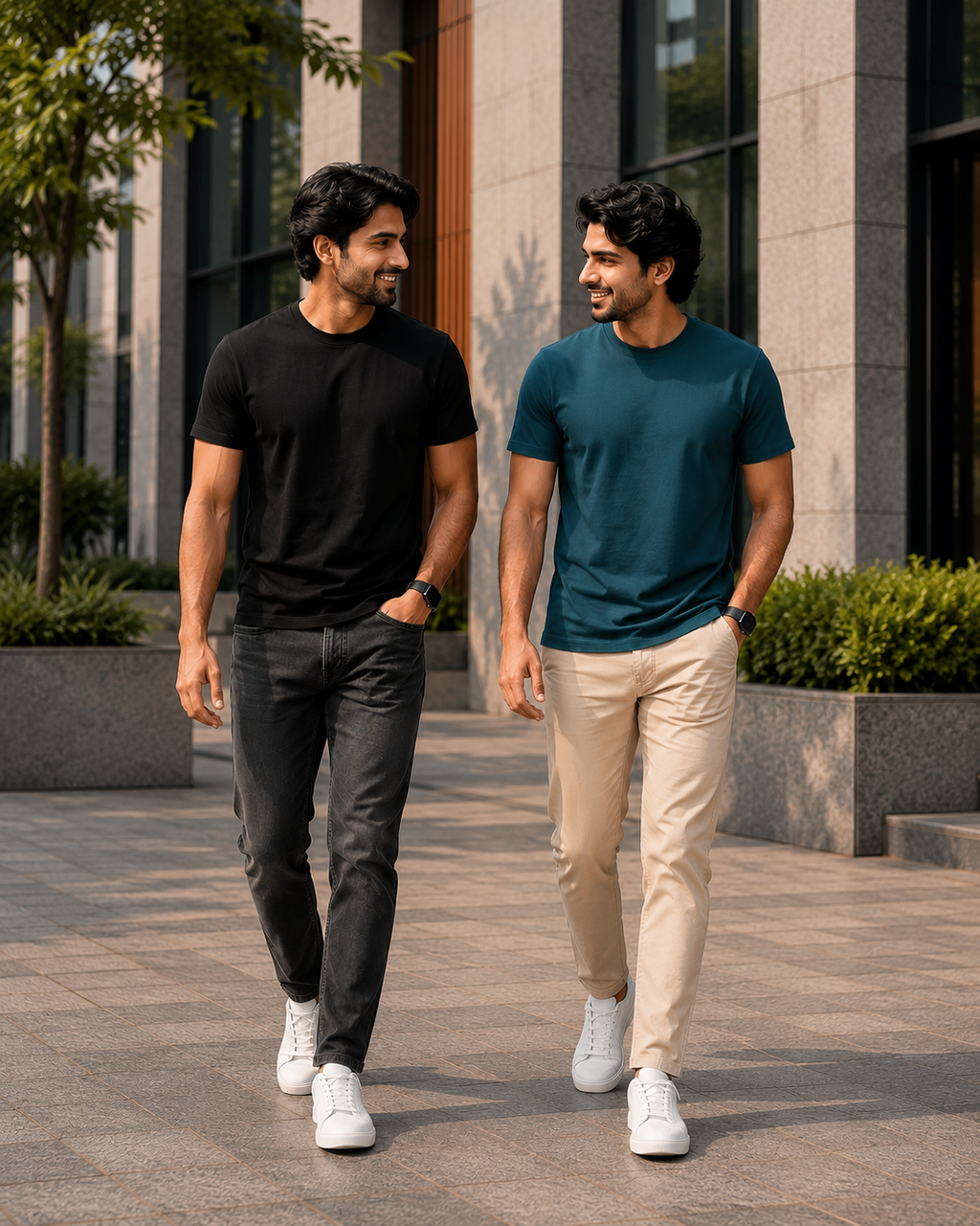 Two men walking outdoors wearing plain crew neck T-shirts for men, one in black with black jeans and the other in teal blue with beige chinos paired with white sneakers for a casual everyday look.