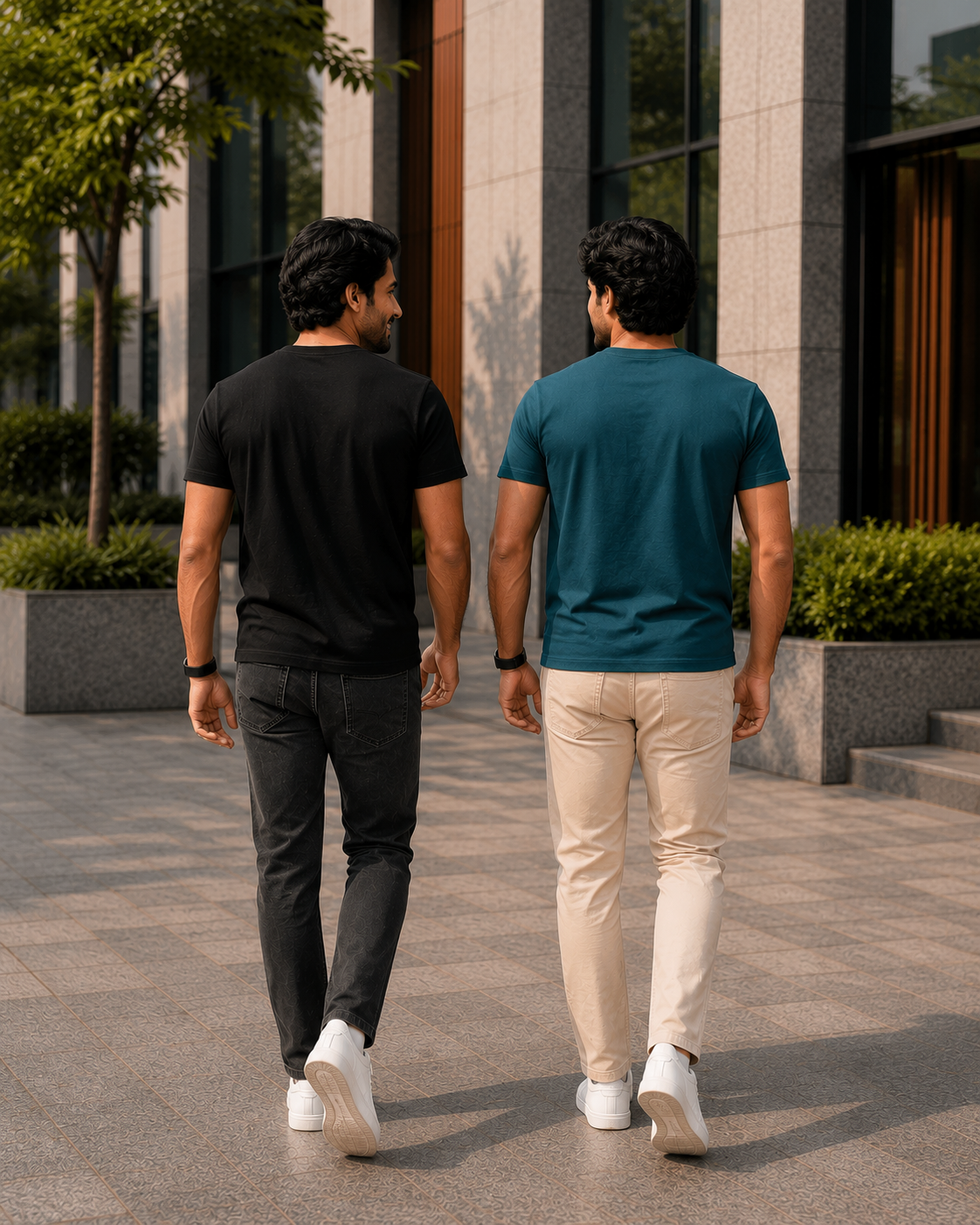 Back view of two men wearing plain crew neck T-shirts for men, one in black with black jeans and the other in teal blue with beige chinos walking near a building.