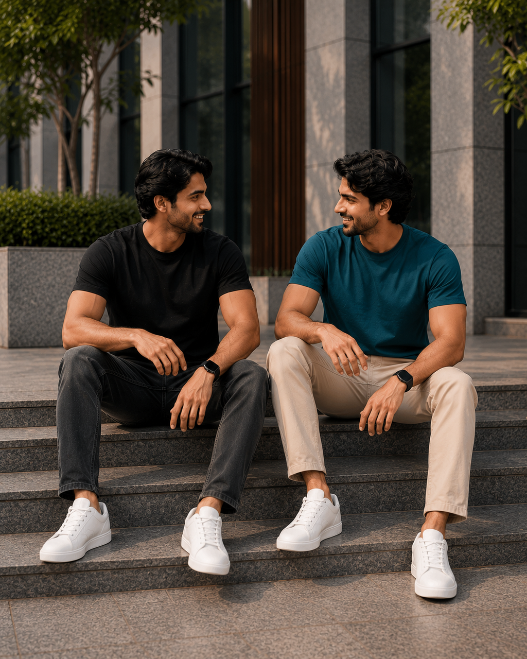 Two men sitting on outdoor steps wearing plain crew neck T-shirts for men, one in black with black jeans and the other in teal blue tee with beige chinos paired with white sneakers.