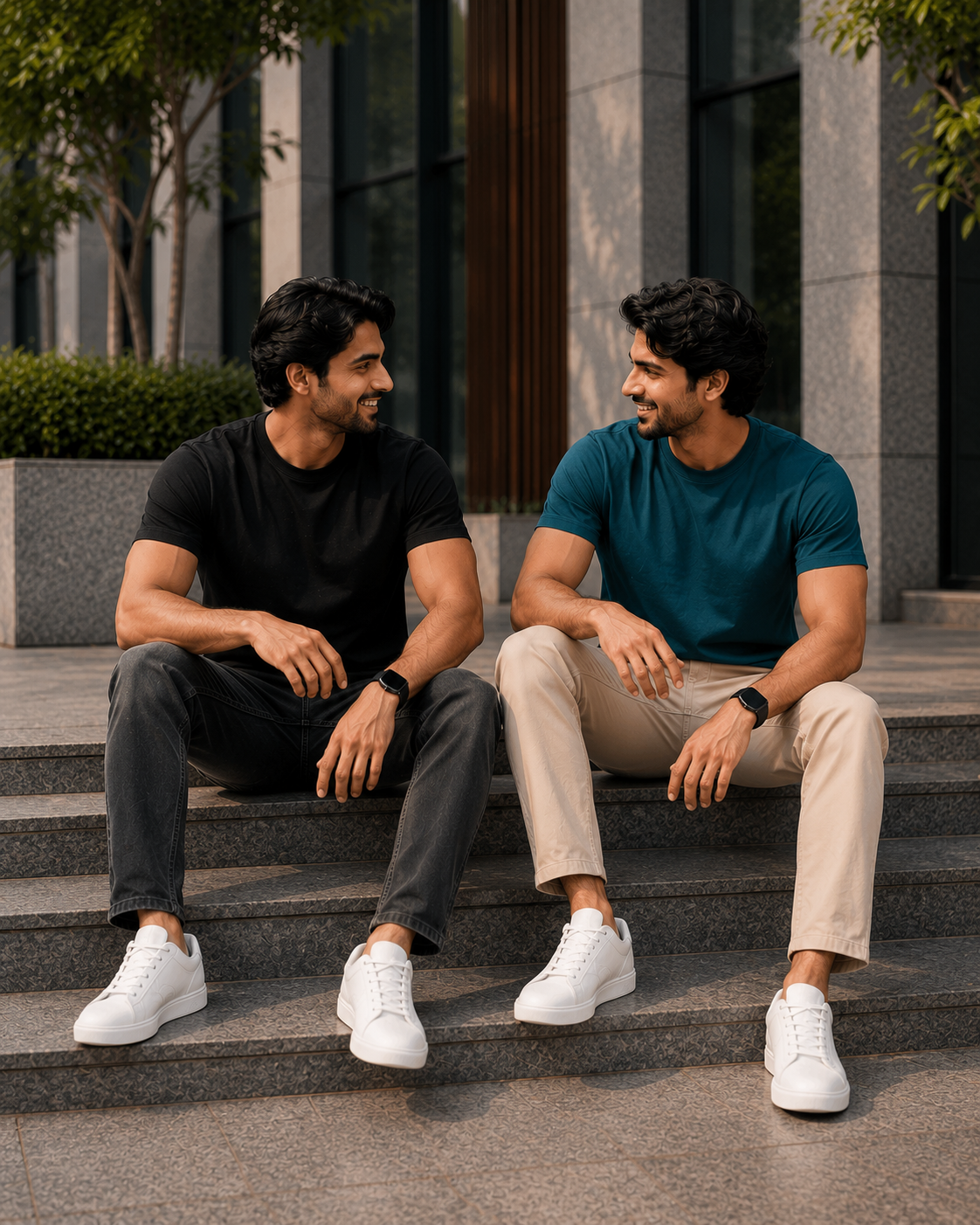 Two men sitting on outdoor steps wearing plain crew neck T-shirts for men, one in black with black jeans and the other in teal blue tee with beige chinos paired with white sneakers.