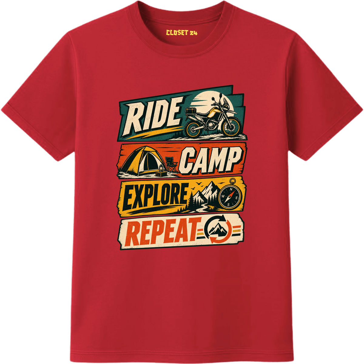 A red short sleeve crewneck t-shirt for men with a vintage style graphic print on the front reading 'RIDE CAMP EXPLORE REPEAT' with illustrations of a motorcycle, tent, mountains, and compass.