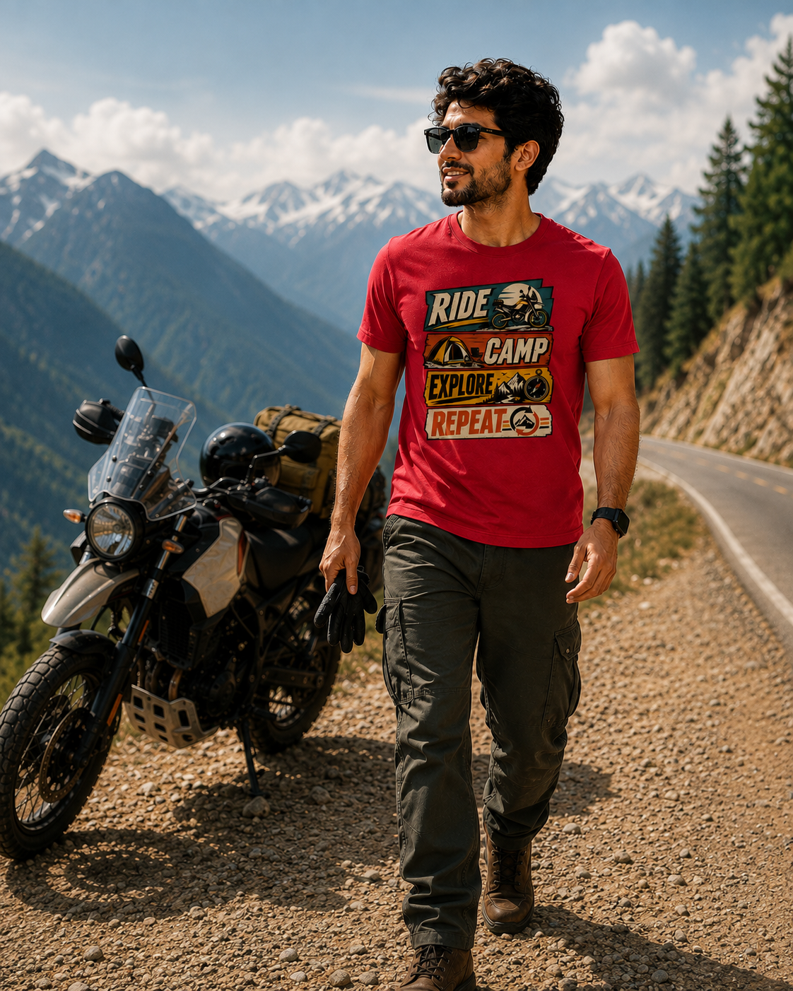 Kevin wearing a red graphic printed T-shirt for men with a RIDE CAMP EXPLORE REPEAT design, standing beside an adventure motorcycle on a scenic mountain road.
