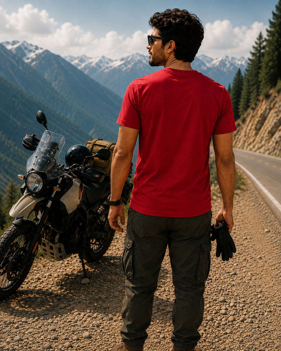 Kevin wearing a red t-shirt for men and dark cargo pants stands on a gravel mountain road with a motorcycle and snowy peaks in the background.