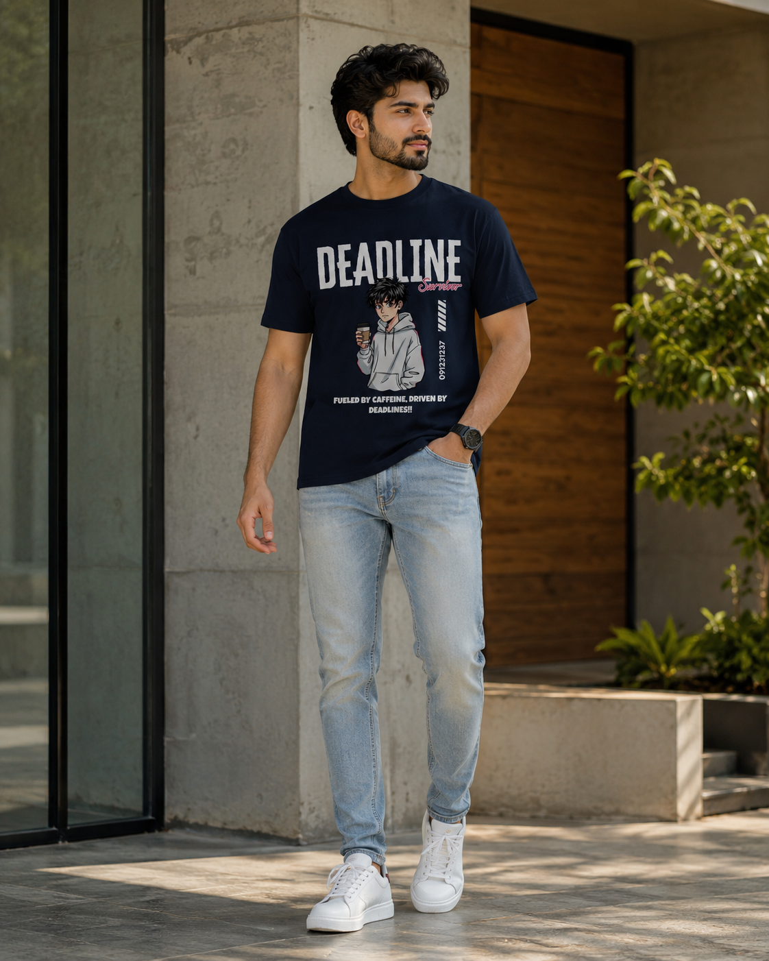 Model wearing Deadline Survivor graphic printed t shirt for men with light wash jeans and white sneakers outdoors.