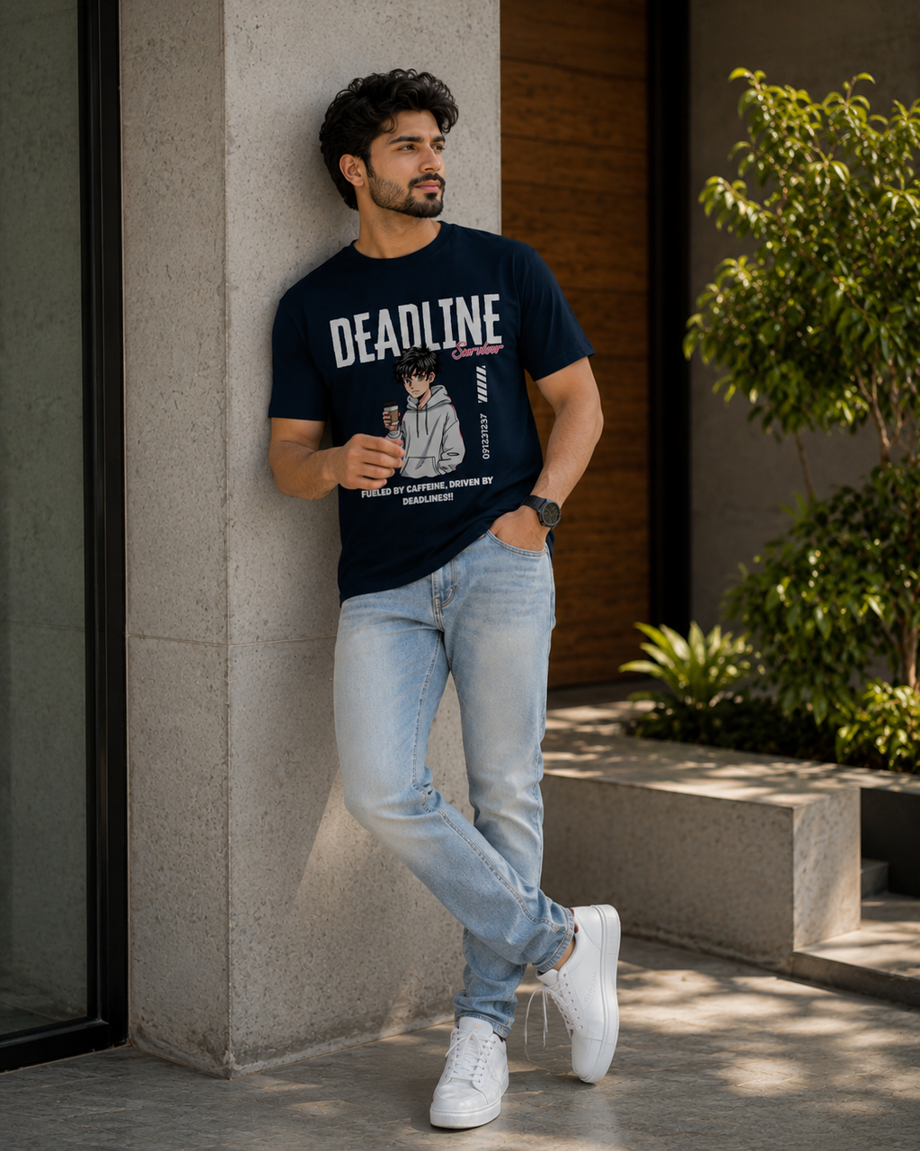 Model styling a Deadline Survivor graphic printed t shirt for men with light wash jeans in a modern outdoor setting.