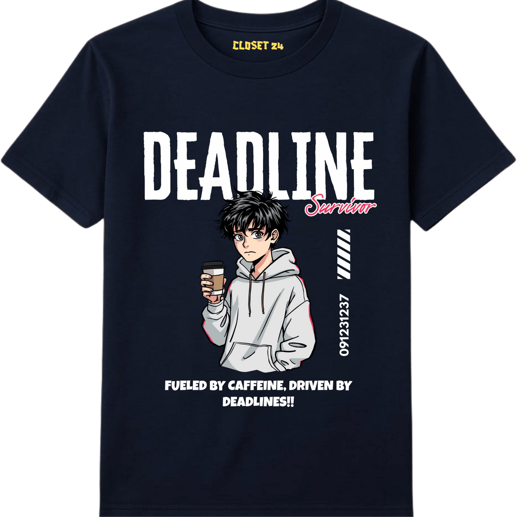 Deadline Survivor graphic printed t shirt for men featuring an anime graphic and CLOSET 24 inner neck print.