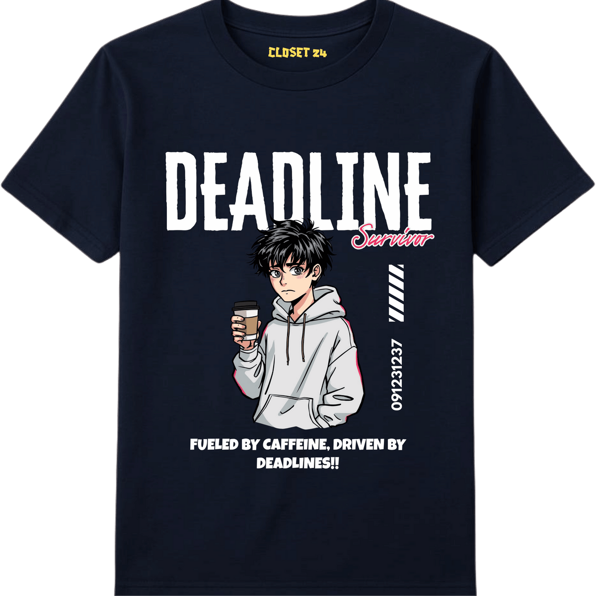 Deadline Survivor graphic printed t shirt for men featuring an anime graphic and CLOSET 24 inner neck print.