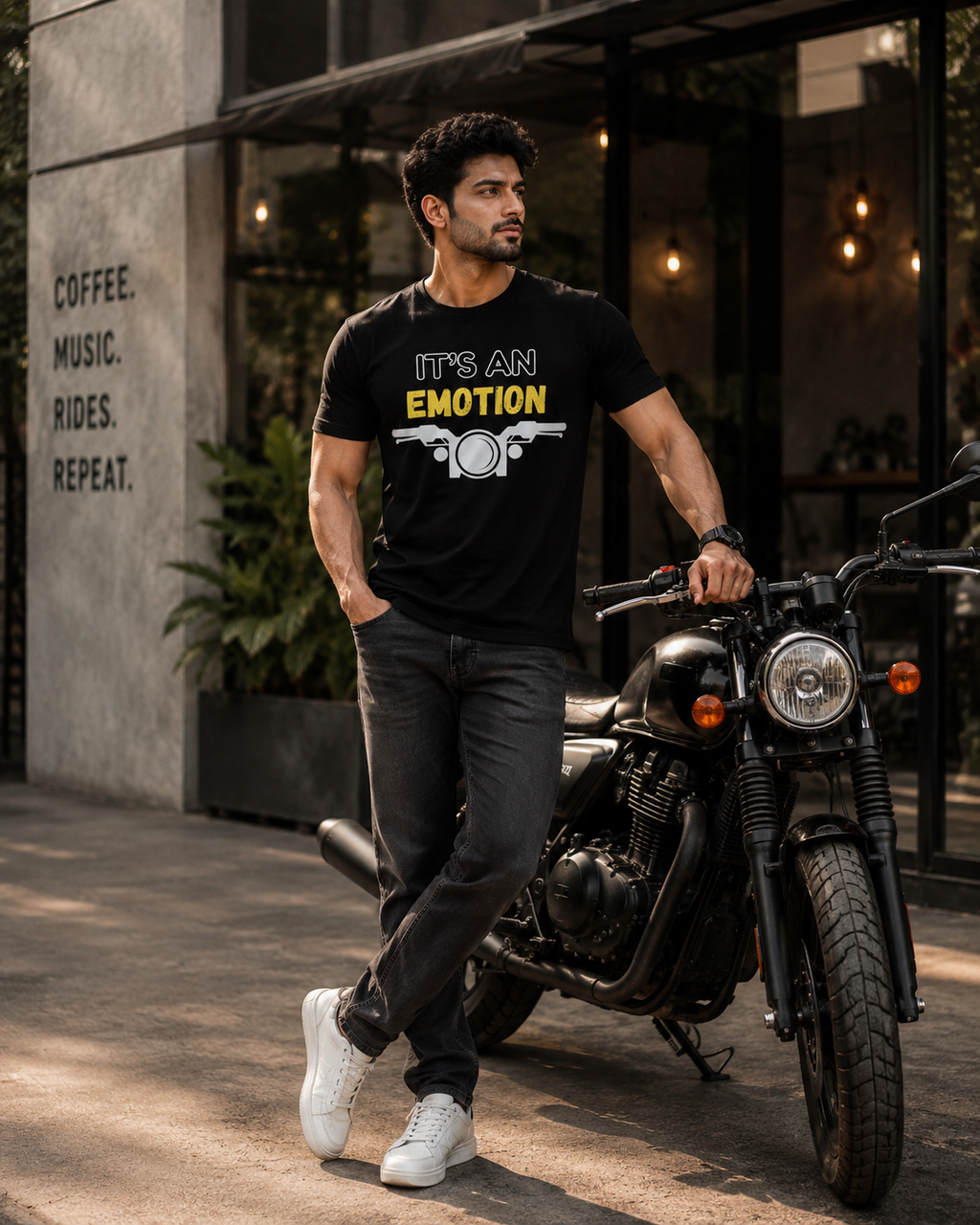 Model wearing Its An Emotion graphic printed t shirt for bikers with jeans and white sneakers outside a modern cafe.