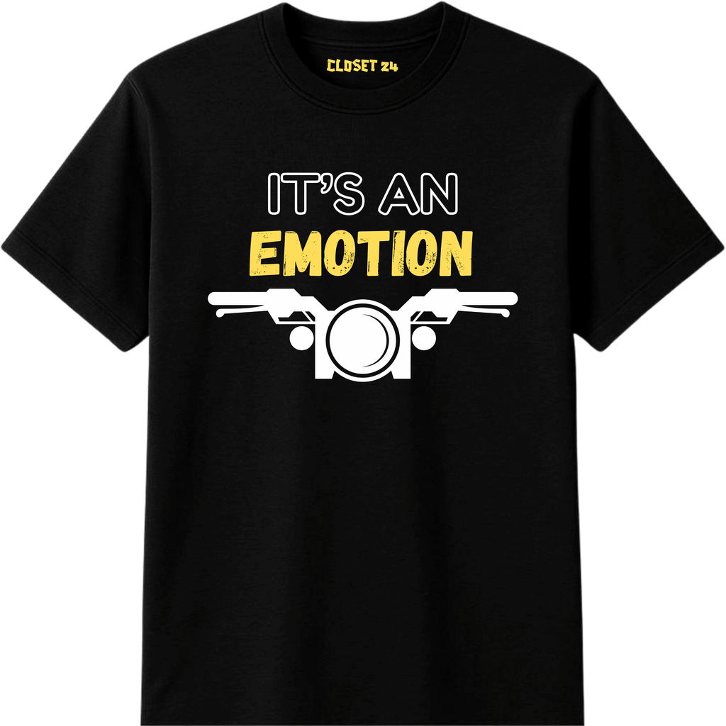 Its An Emotion graphic printed t shirt for bikers featuring a motorcycle graphic and CLOSET 24 inner neck print.