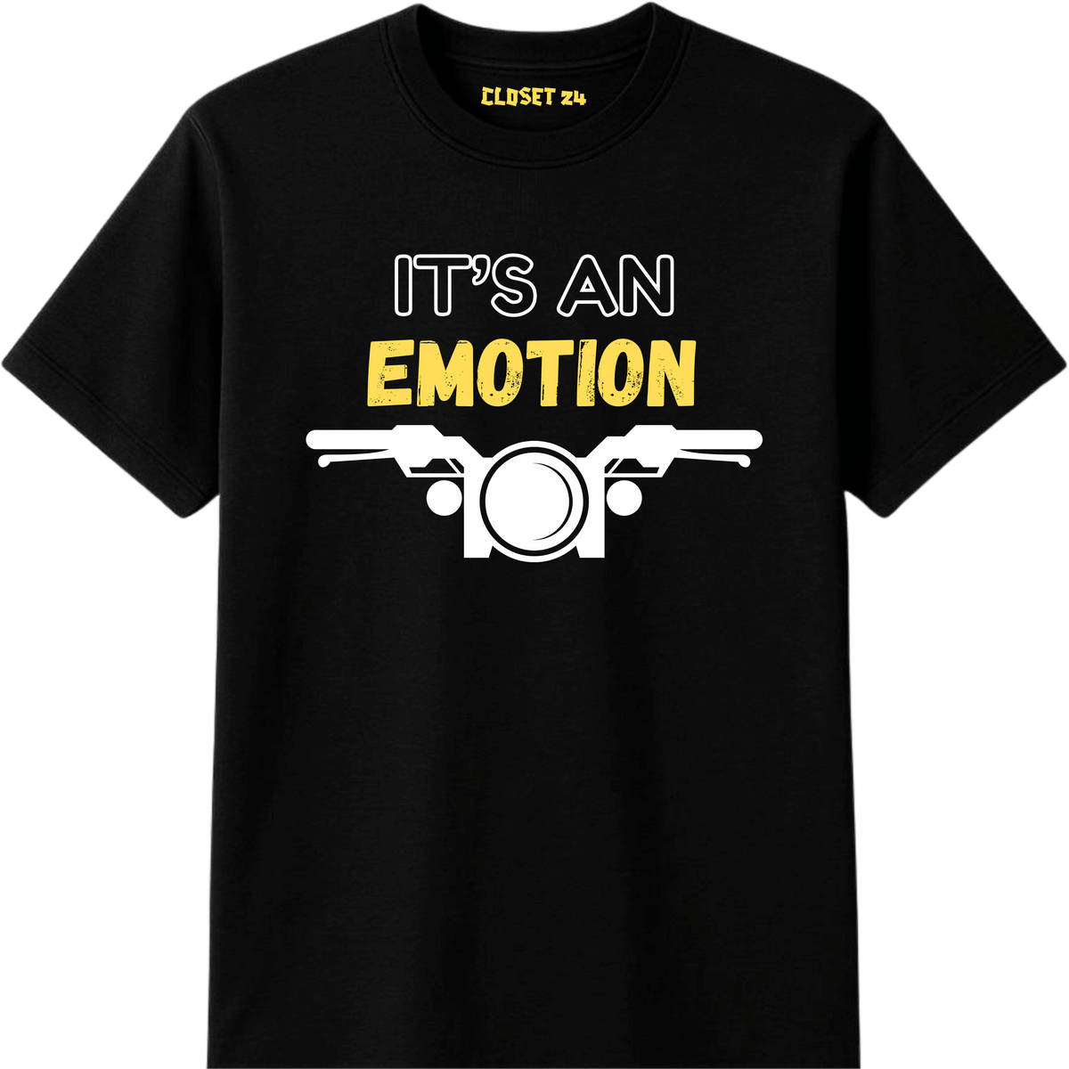 Its An Emotion graphic printed t shirt for bikers featuring a motorcycle graphic and CLOSET 24 inner neck print.