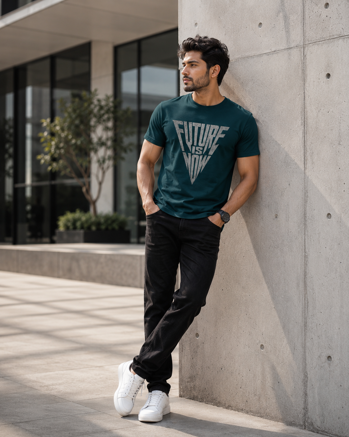 A man wearing a dark teal graphic t-shirt with 'FUTURE IS NOW' printed in white, black pants, and white sneakers, leaning against a concrete wall in an outdoor urban setting.