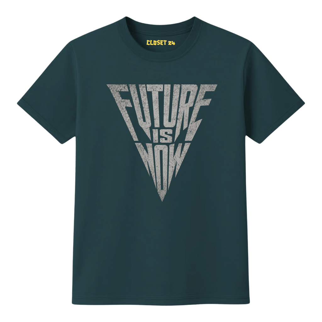 A dark teal blue short sleeve t-shirt with a distressed silver graphic on the front that reads 'FUTURE IS NOW' inside a downward pointing triangle. The inner collar label shows the brand 'CLOSET 24'.