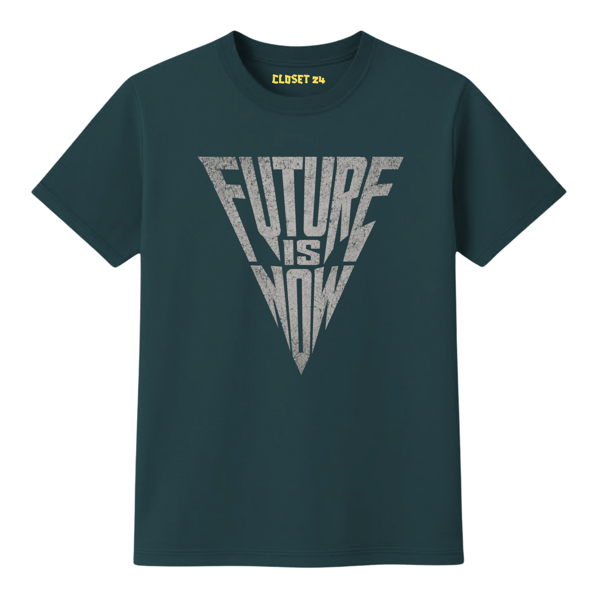 A dark teal blue short sleeve t-shirt with a distressed silver graphic on the front that reads 'FUTURE IS NOW' inside a downward pointing triangle. The inner collar label shows the brand 'CLOSET 24'.