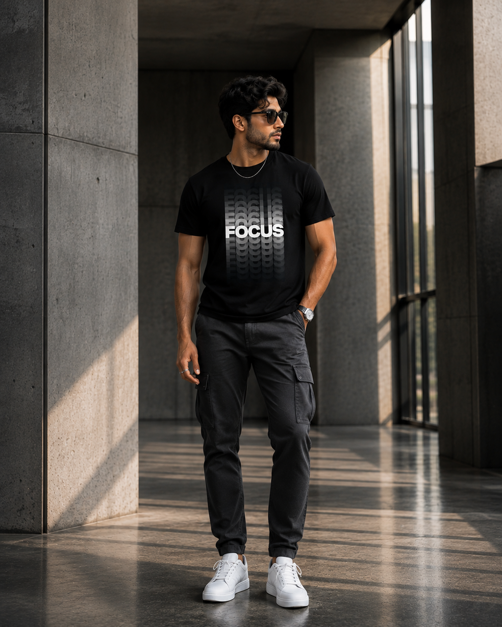 A man wearing a black crew neck t-shirt for men with a white 'FOCUS' graphic on the chest, paired with dark gray cargo pants and white sneakers, standing in a modern concrete corridor.