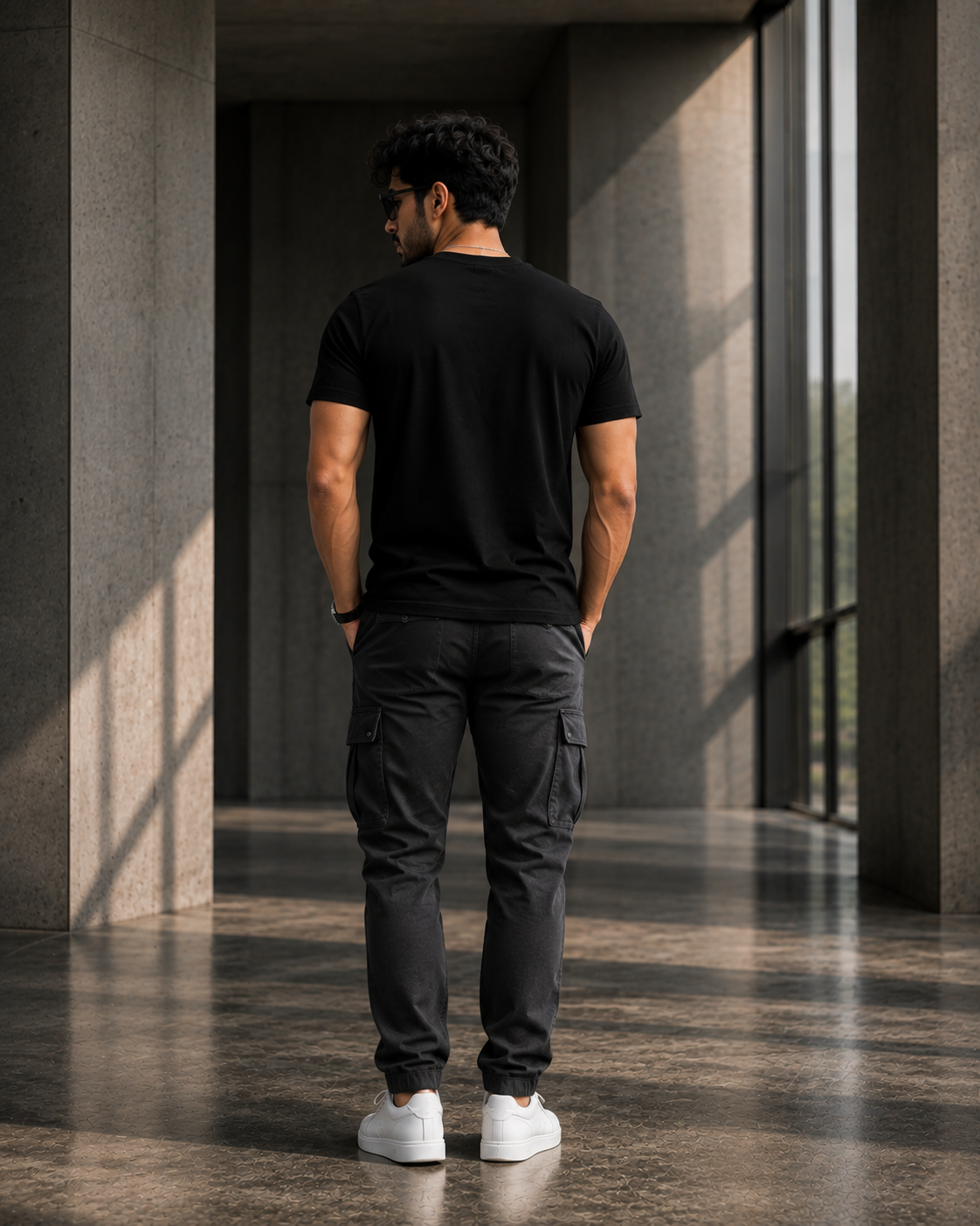 A man viewed from behind wearing a black short sleeve t-shirt for men, dark cargo pants, and white sneakers, standing in a modern concrete corridor.
