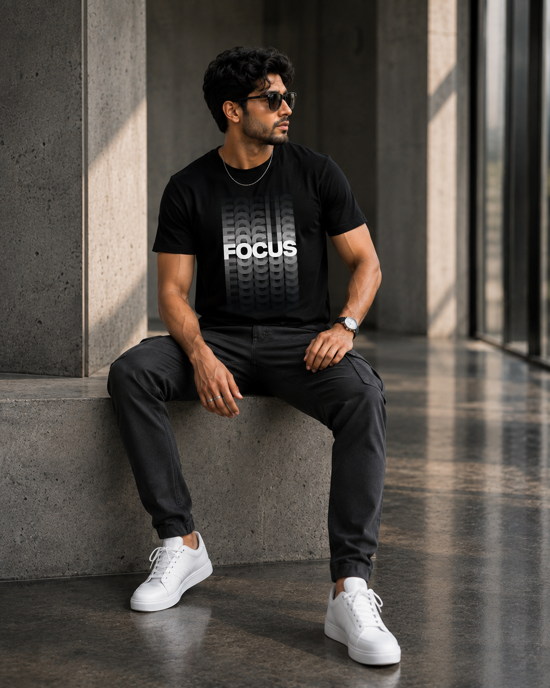 A man wearing a black crew neck t-shirt for men with a white graphic and the word 'FOCUS' printed on the chest, paired with black pants and white sneakers, sitting on a concrete ledge.