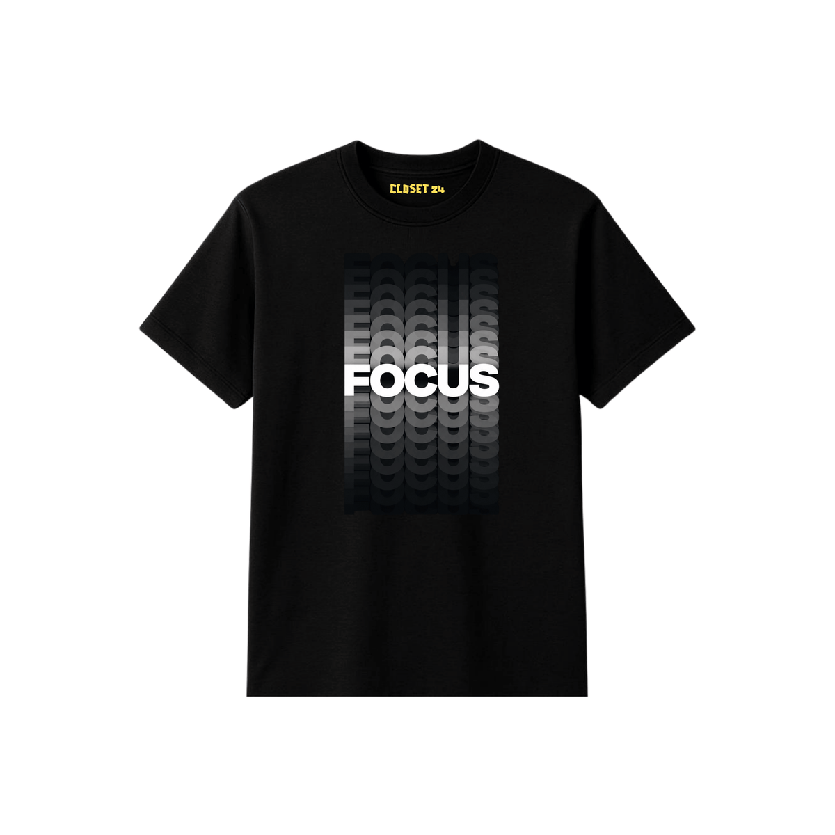 A black short sleeve t-shirt for men with a graphic on the front featuring tire tracks in a white gradient and the word 'FOCUS' in bold white letters. The inner collar shows the brand name 'CLOSET 24' in yellow.