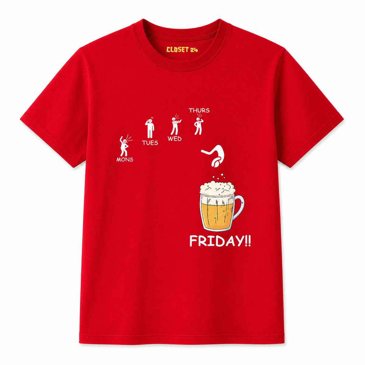 Beer on Friday graphic printed t shirt for men featuring a beer mug design and CLOSET 24 inner neck print.