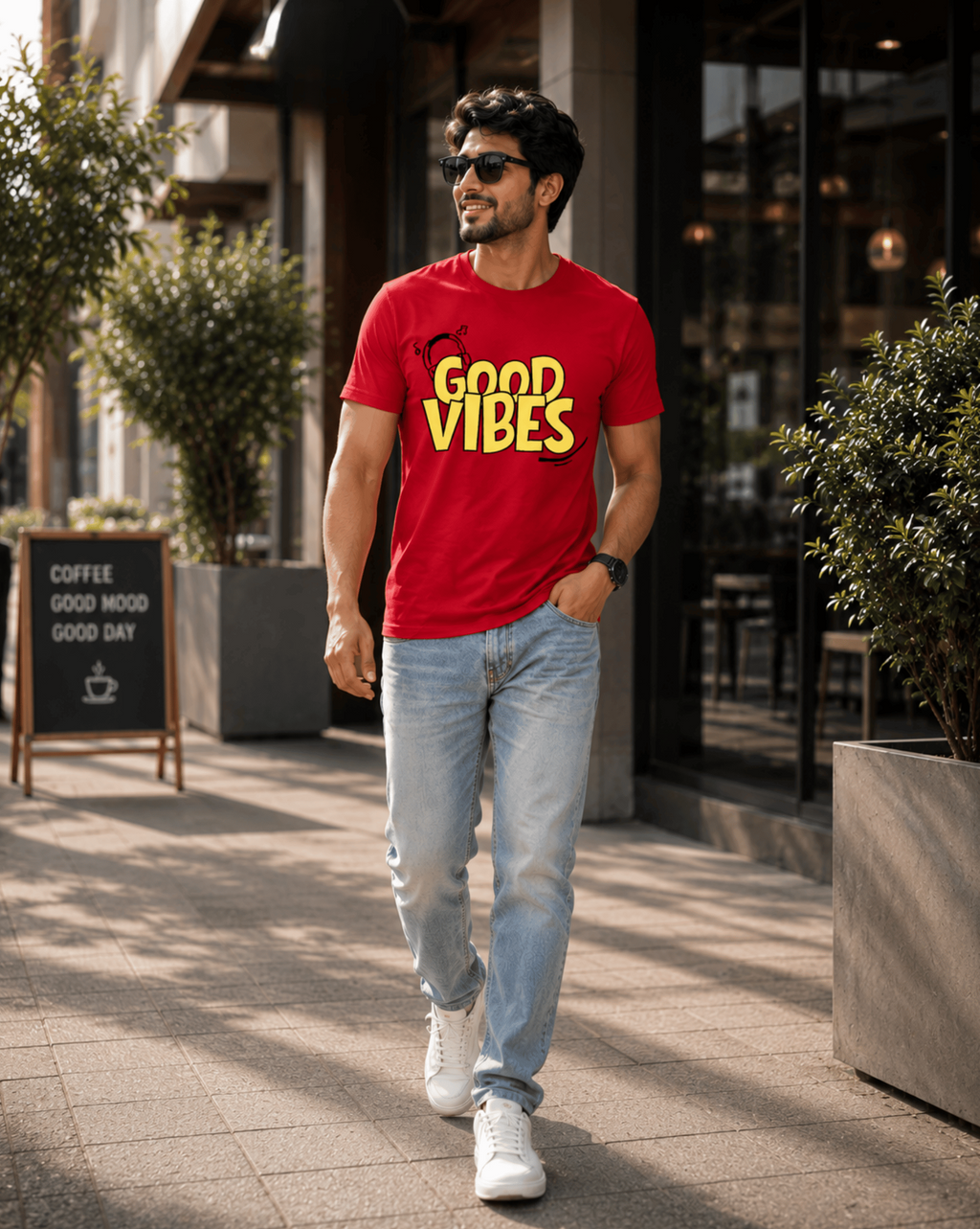 A man walking outdoors on a city sidewalk wearing a bright red graphic T-shirt with 'GOOD VIBES' printed in yellow across the chest, paired with light blue jeans and white sneakers.
