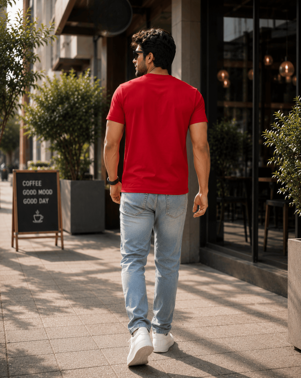 A man walking on a city sidewalk, wearing a bright red short sleeve t-shirt for men, light blue jeans, and white sneakers.