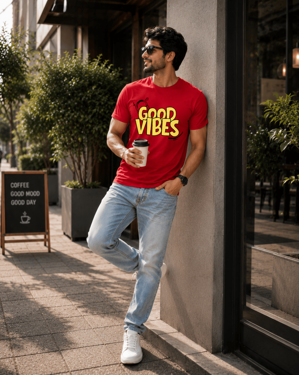 Model wearing a red graphic t-shirt for men with 'GOOD VIBES' printed in yellow, light blue jeans, and white sneakers, leaning against a concrete pillar on a city sidewalk.