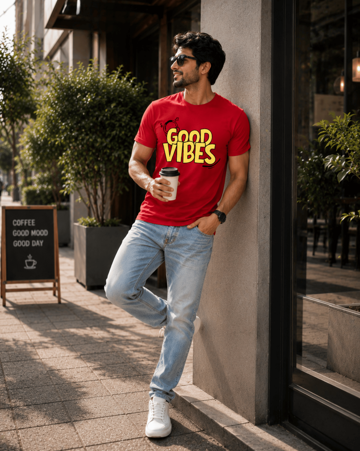 Model wearing a red graphic t-shirt for men with 'GOOD VIBES' printed in yellow, light blue jeans, and white sneakers, leaning against a concrete pillar on a city sidewalk.